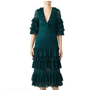 Saylor Emerald Lace Millie Midi Dress Tiered Lace Zipper Back Lined Size XS‎